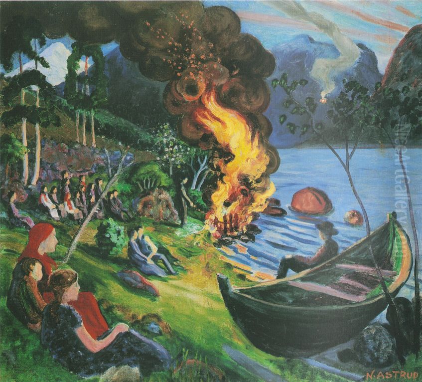 Midsummer Eve Bonfire by Lake Jolstravatnet Oil Painting by Nikolai Astrup