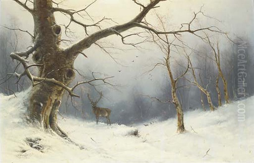 A stag in a winter landscape. Oil Painting by Niels H. Christiansen