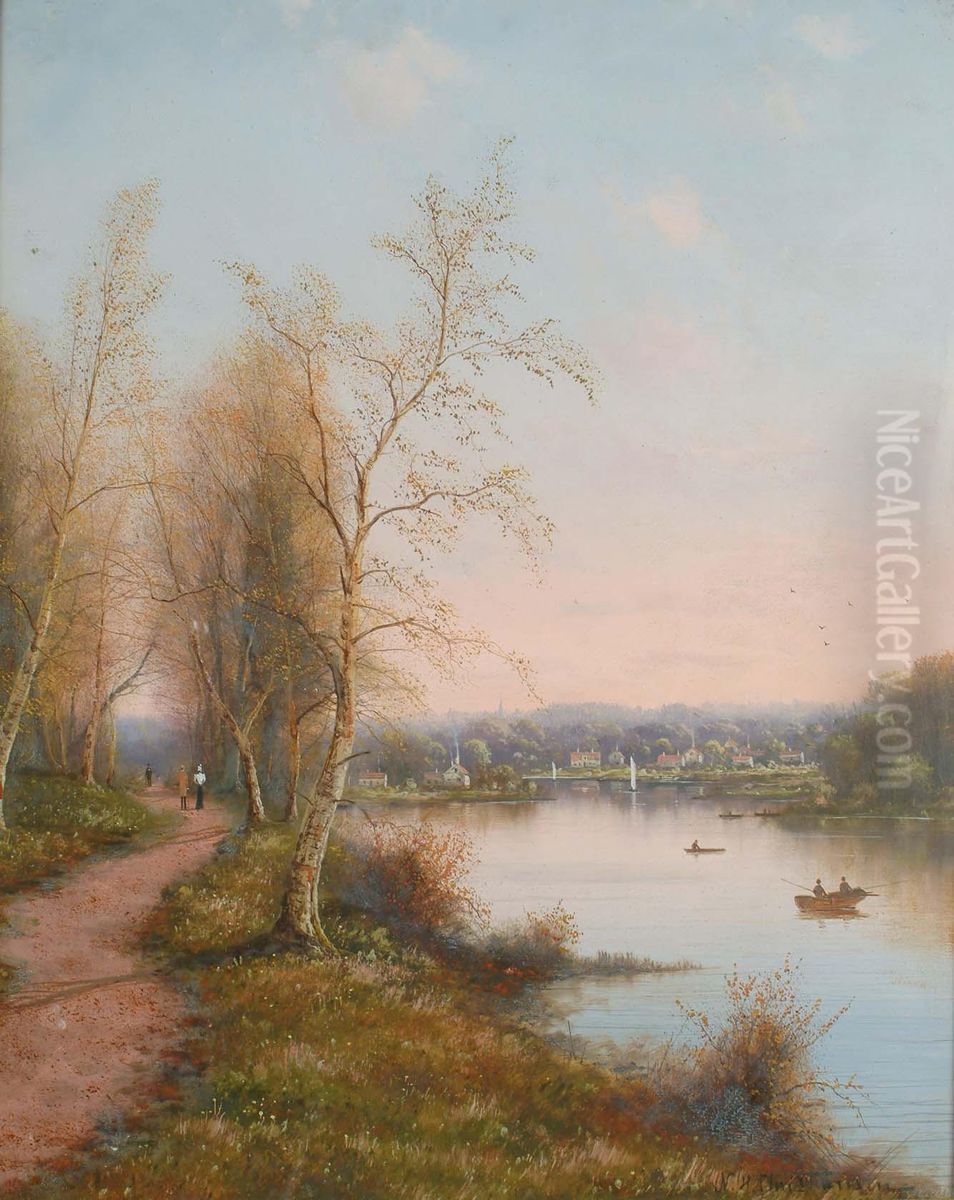 A river landscape with a town in the distance. Oil Painting by Niels H. Christiansen