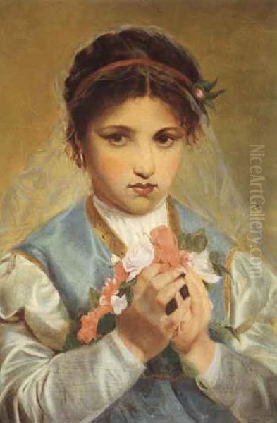 Bambina velata con fiori Oil Painting by Luigi Nono
