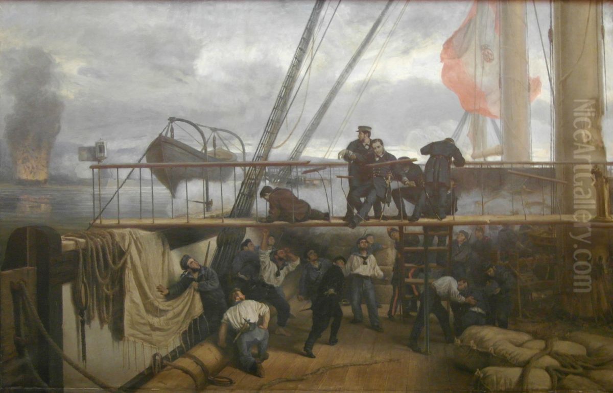Momento en el que cae herido el brigadier Casto Mendez Nunez en el puente de la.fragata Numancia frente a los fuertes de El Callao (2 de mayo de 1866) Oil Painting by Antonio Munoz Degrain