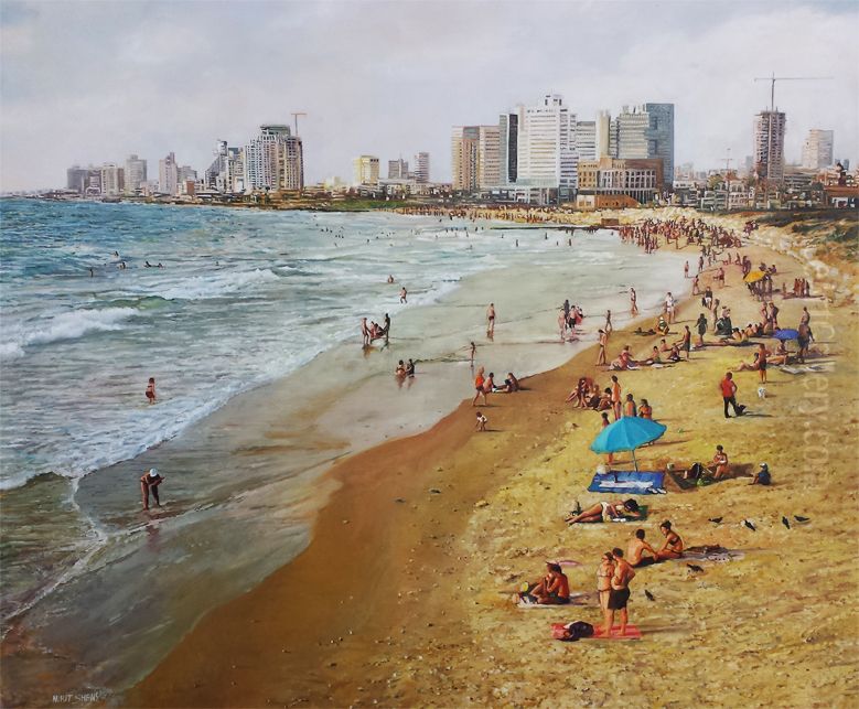 A blue ambrella and pigions Oil Painting by Nurit Shany