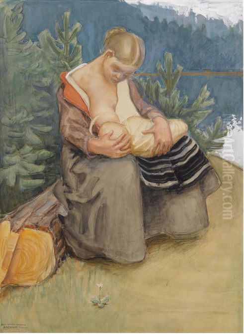 AITI JA LAPSI Oil Painting by Akseli Valdemar Gallen-Kallela