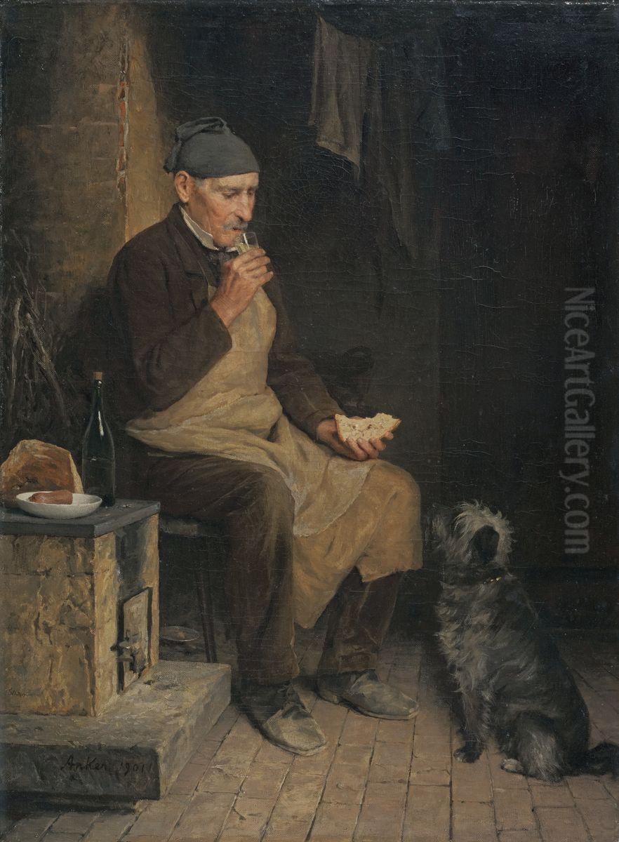 Old man eating Mid-Morning Snack (Gyp) Oil Painting by Albert Anker