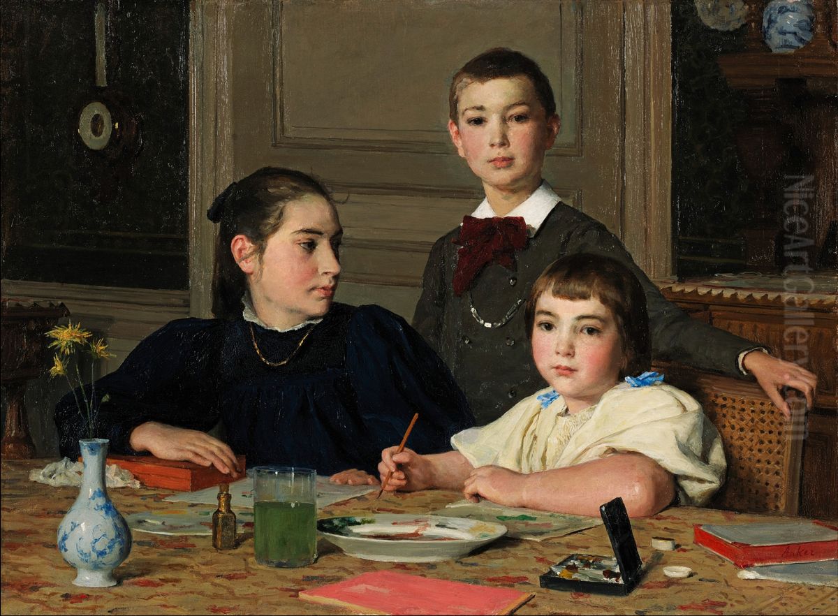 The Zaeslin siblings Oil Painting by Albert Anker