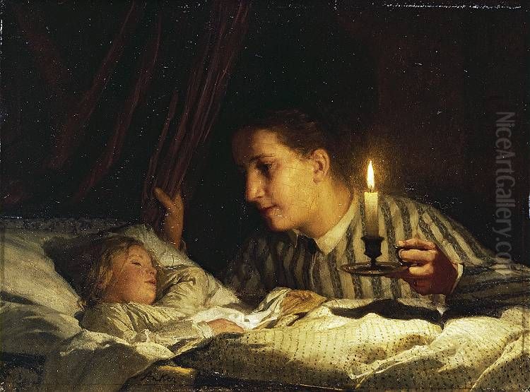 Young mother contemplating her sleeping child in candlelight Oil Painting by Albert Anker