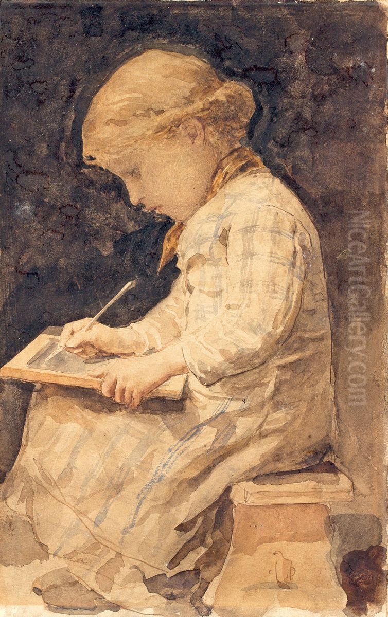 Madchen mit Schiefertafel Oil Painting by Albert Anker