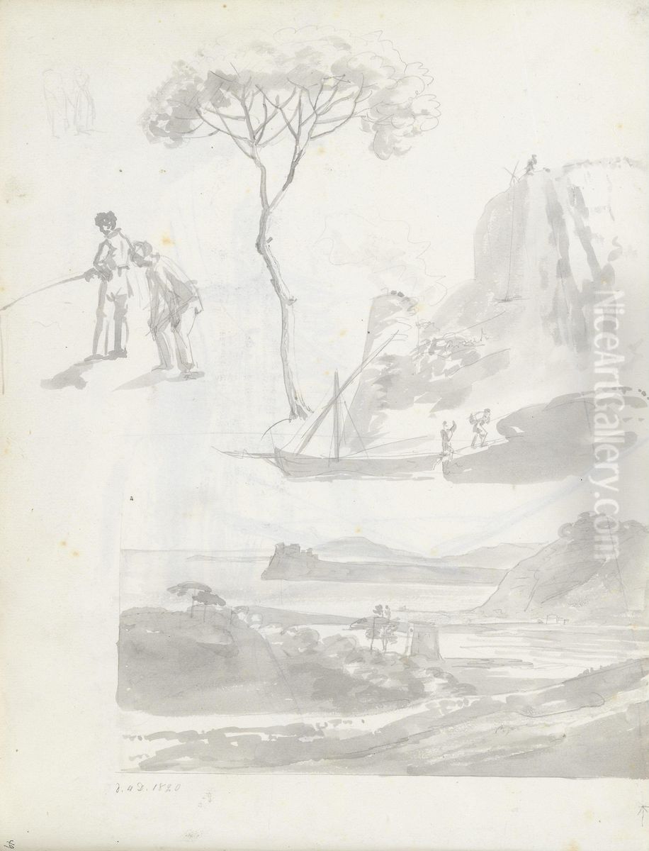 Figurstudier; to menn som fisker; pinje; felukk ved klippekyst; Mare morto Oil Painting by Johan Wilhelm Ludwig Dahl