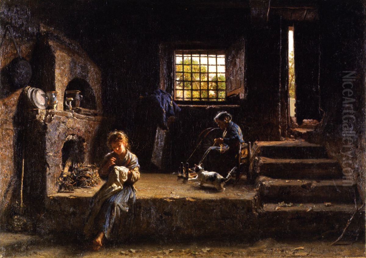 Rustic interior with peasant women Oil Painting by Filippo Palizzi