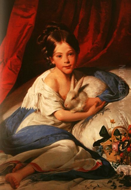Little Bertha von Neuhaus with a hare Oil Painting by Friedrich von Amerling