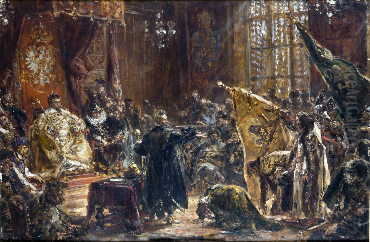 Russian TsarVasili IVShuyski brought by Zolkiewski and compelled to knee before Polish KingSigismund III Vasaat Sejm in Warsaw on 29 October 1611 Oil Painting by Jan Matejko