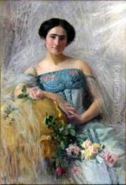 Elegante aux roses. Oil Painting by Ferdinand D'Huart