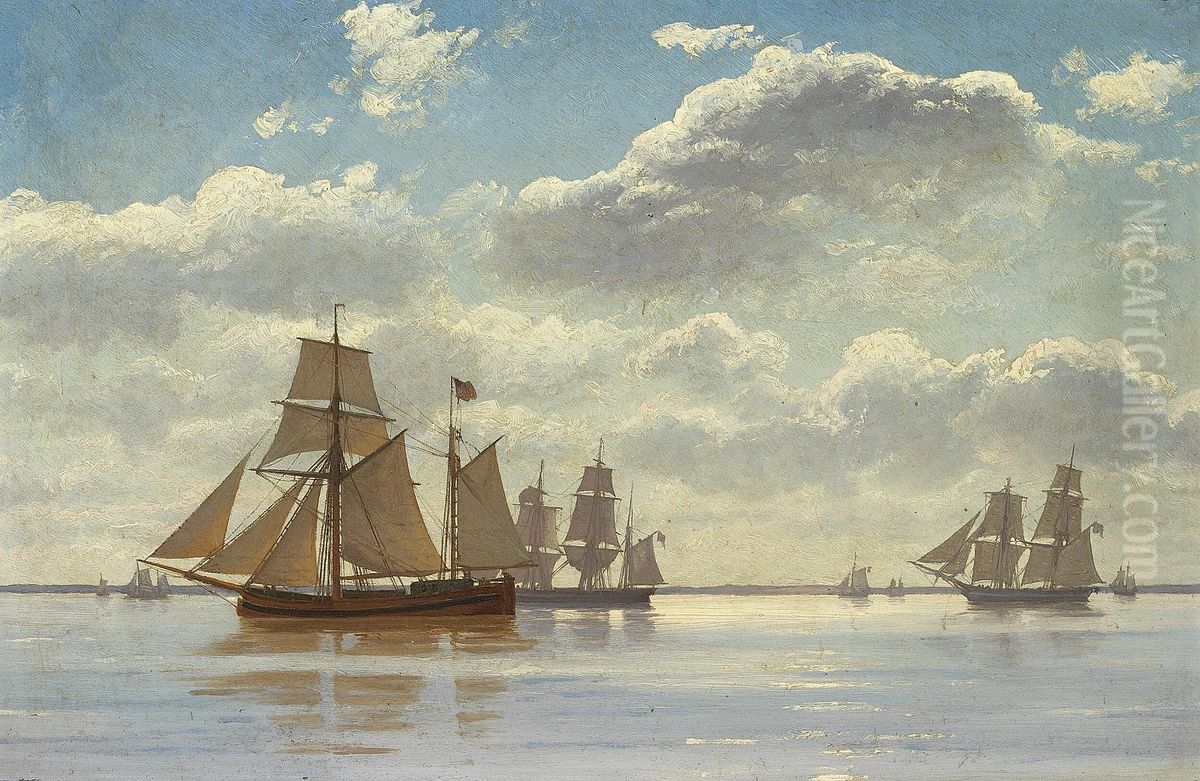 Sailing ships at sea on a sunny day. Oil Painting by Carl Dahl
