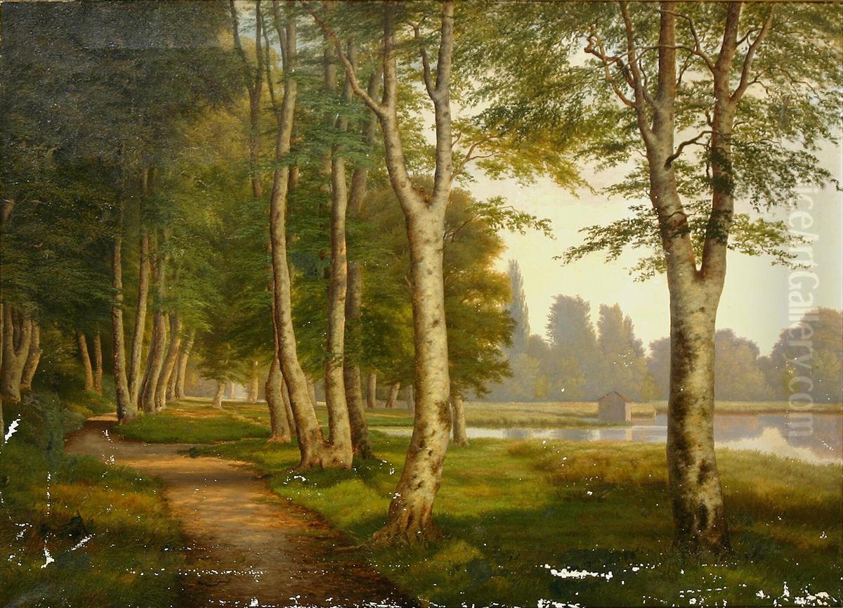 Landscape with a path along a forest lake. Oil Painting by Johan Vilhelm Ludvig Dahl
