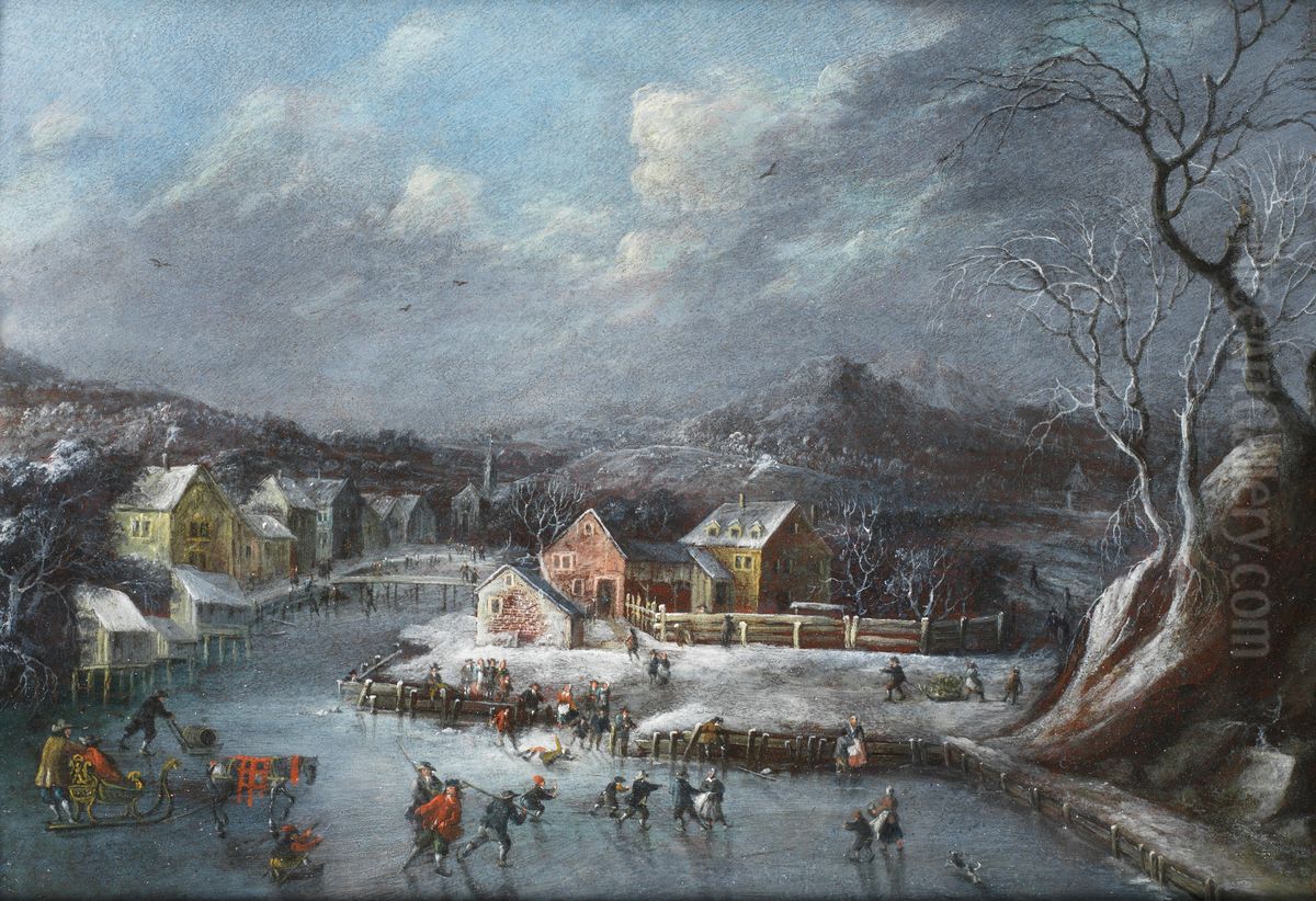 Skaters on a frozen lake, before a winter landscape Oil Painting by Dirck Dalens III