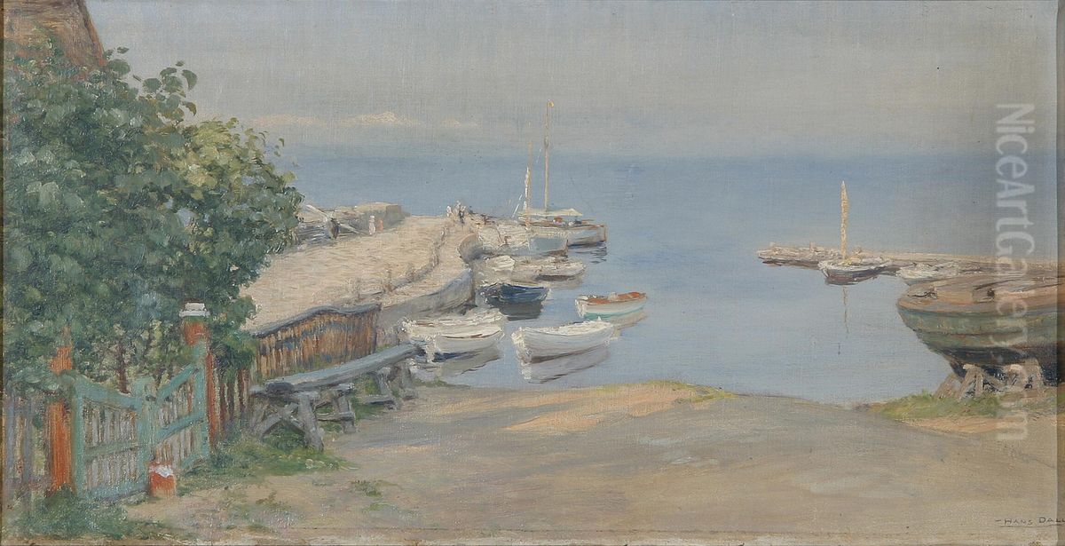 A summer day at a small harbour. Oil Painting by Hans Dall