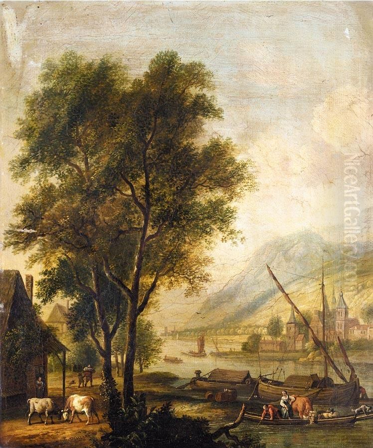 River landscape with cattle and figures before a cottage, and barges on the river Oil Painting by Dirck Dalens III