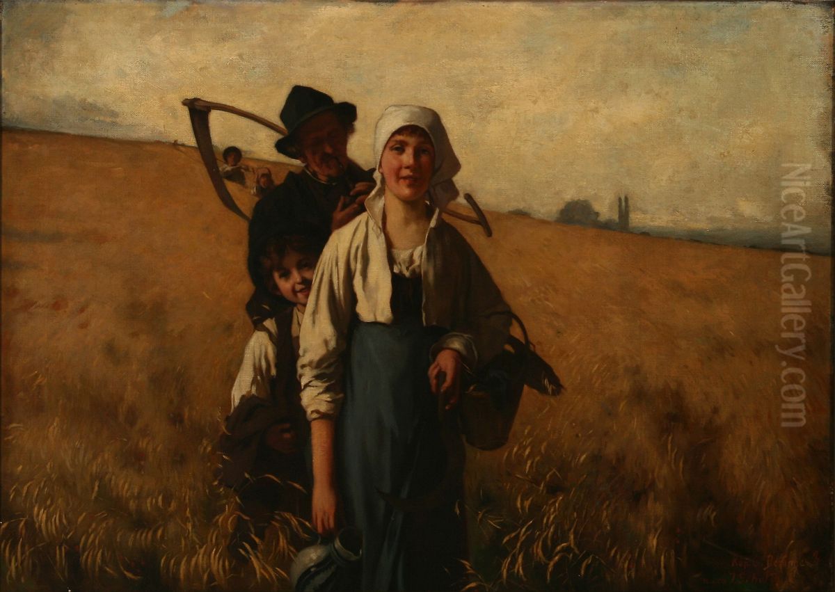 Cornfield with harvest people Oil Painting by Julius Scholtz