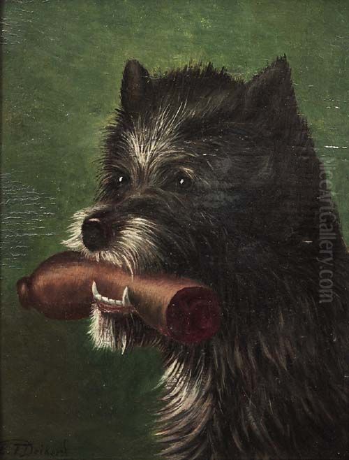 Hundeportrat mit Wurst im Maul Oil Painting by Carl Friedrich Deiker