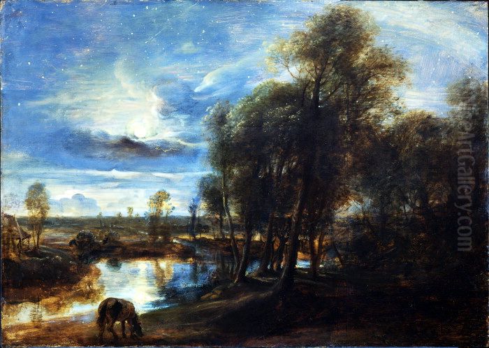 Landscape with moon and stars Oil Painting by (studio of) Rubens, Peter Paul