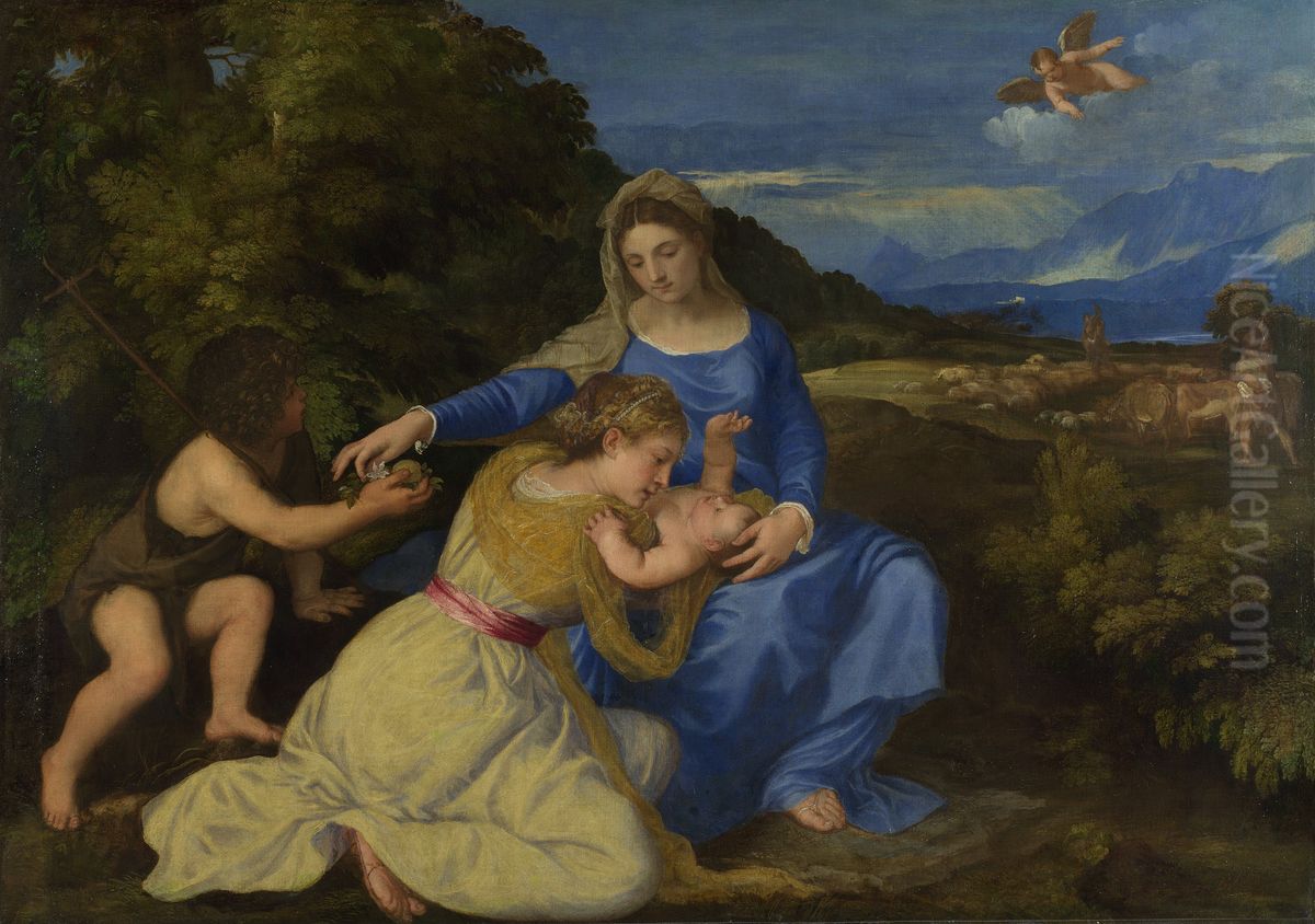 The Virgin and Child with the Infant Saint John and a Female Saint or Donor Oil Painting by Titian