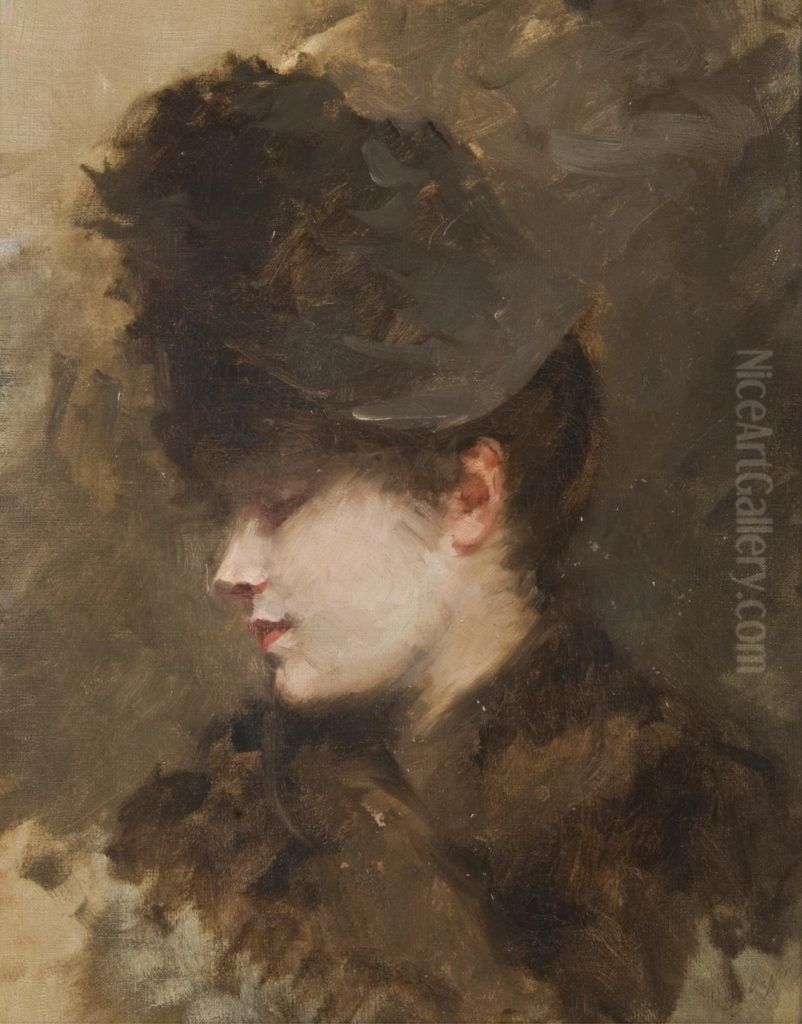 Testa femminile di profilo con cappellino Oil Painting by Giuseppe de Nittis