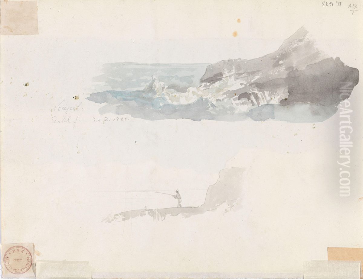 Klipper ved Napoli; mann som fisker med stang Oil Painting by Johan Wilhelm Ludwig Dahl