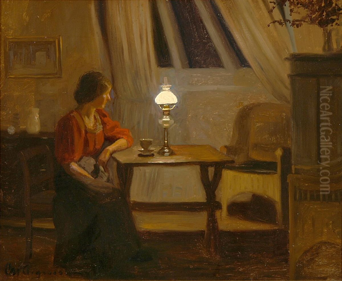 Interior with a woman sitting at a table. Oil Painting by Christian Aigens