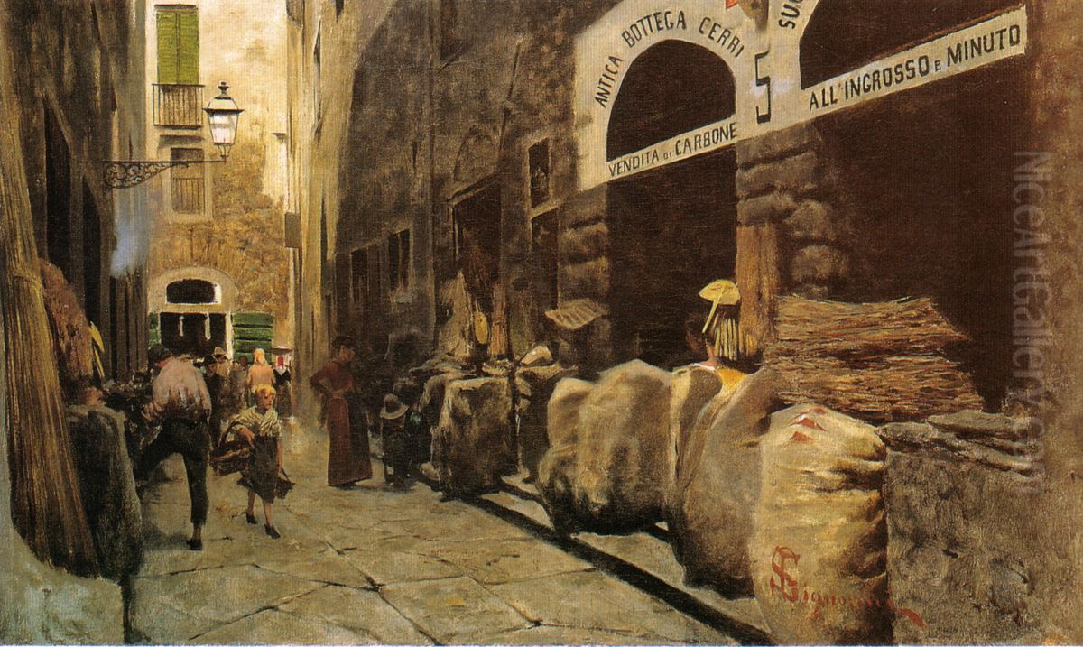 Antica via del Fuoco (Mercato vecchio) Oil Painting by Telemaco Signorini