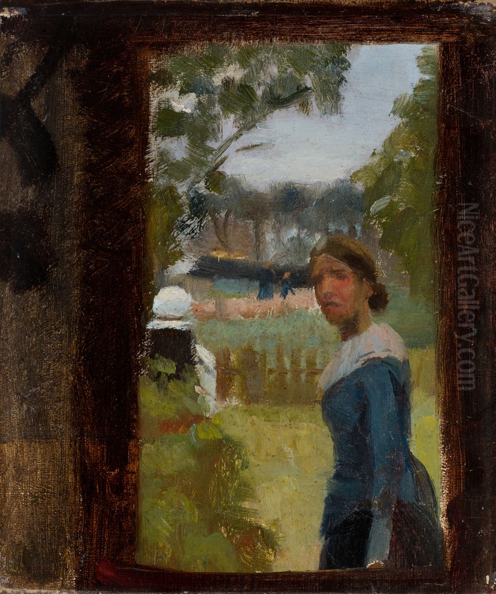 Anna Ancher in the front garden at Markvej. Study. Oil Painting by Michael Peter Ancher