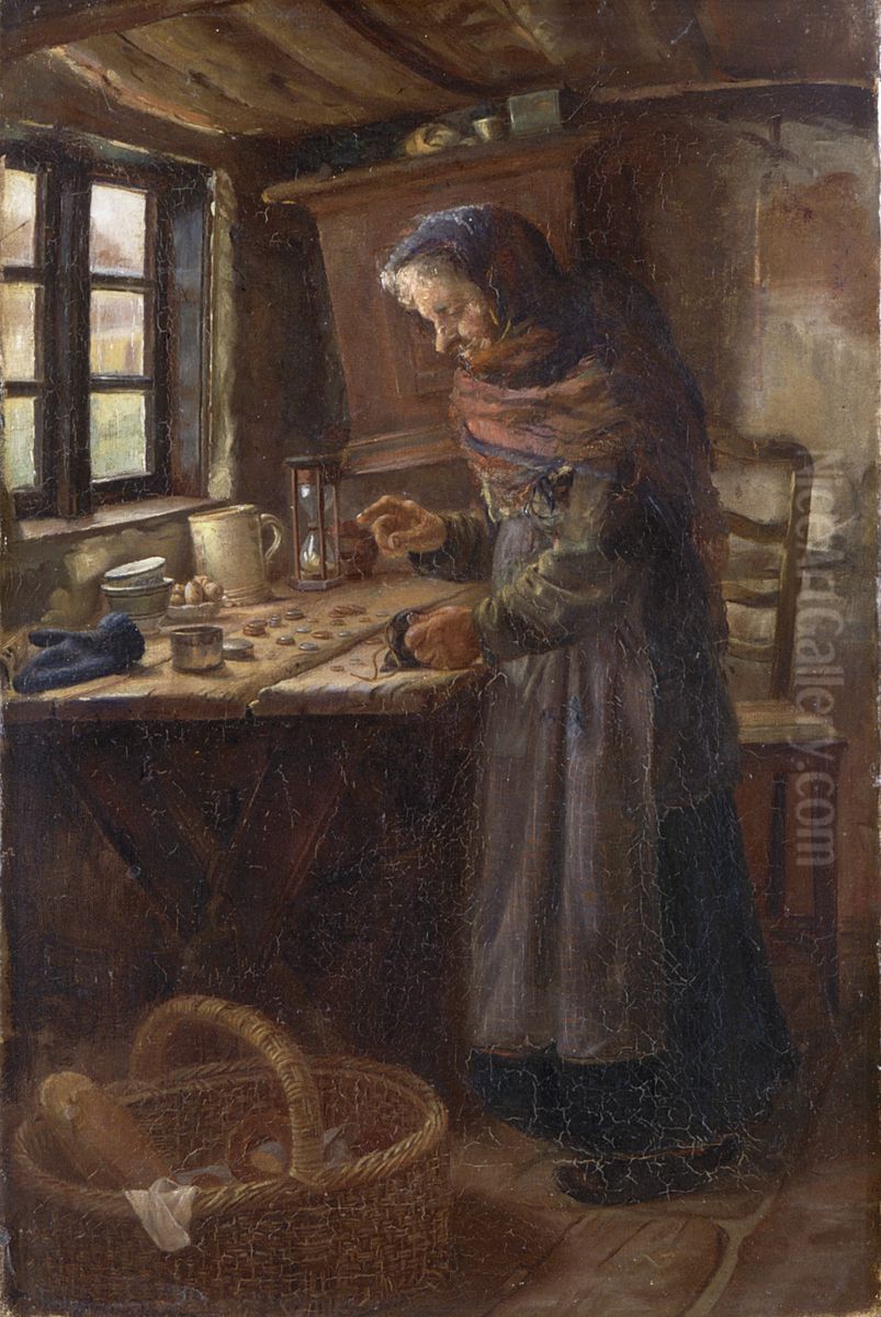 Stine Bollerhus counts the money earned selling bread. Oil Painting by Anna Ancher