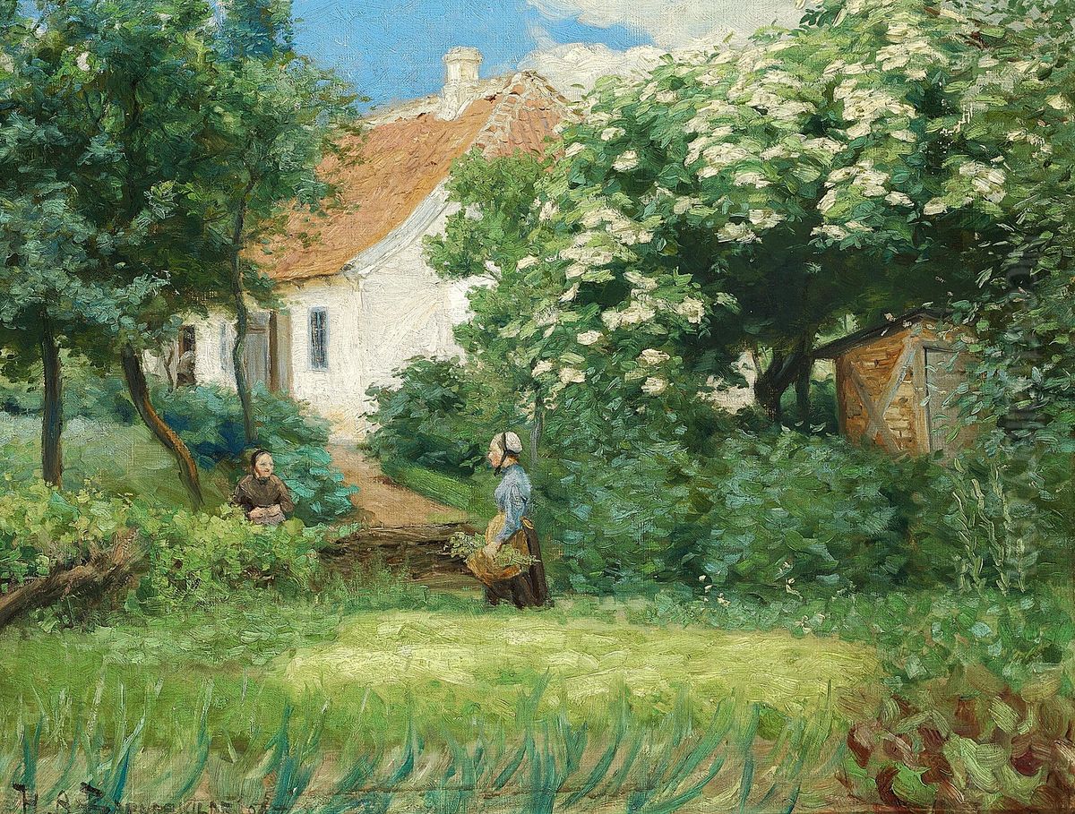 Sommerdag i haven. To kvinder i samtale ved blomstrende kastanjetrae. Oil Painting by H. A. Brendekilde