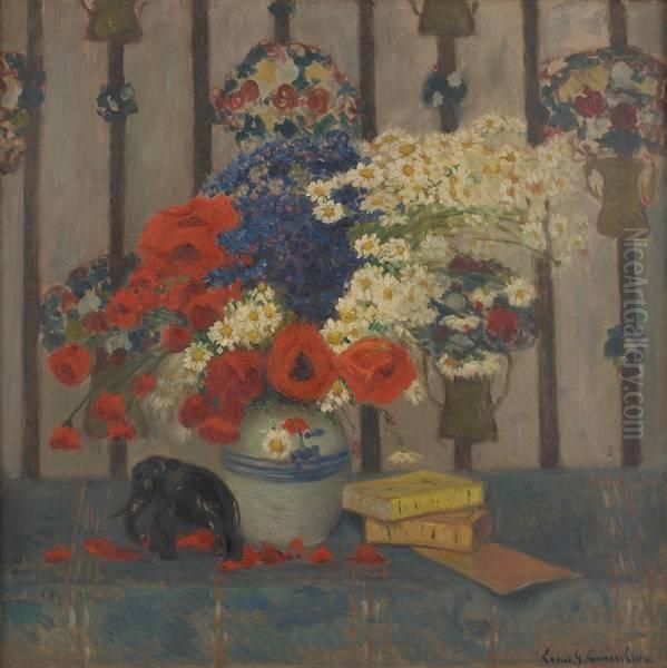 Composition Florale Et Elephant Oil Painting by Louis Gustave Cambier