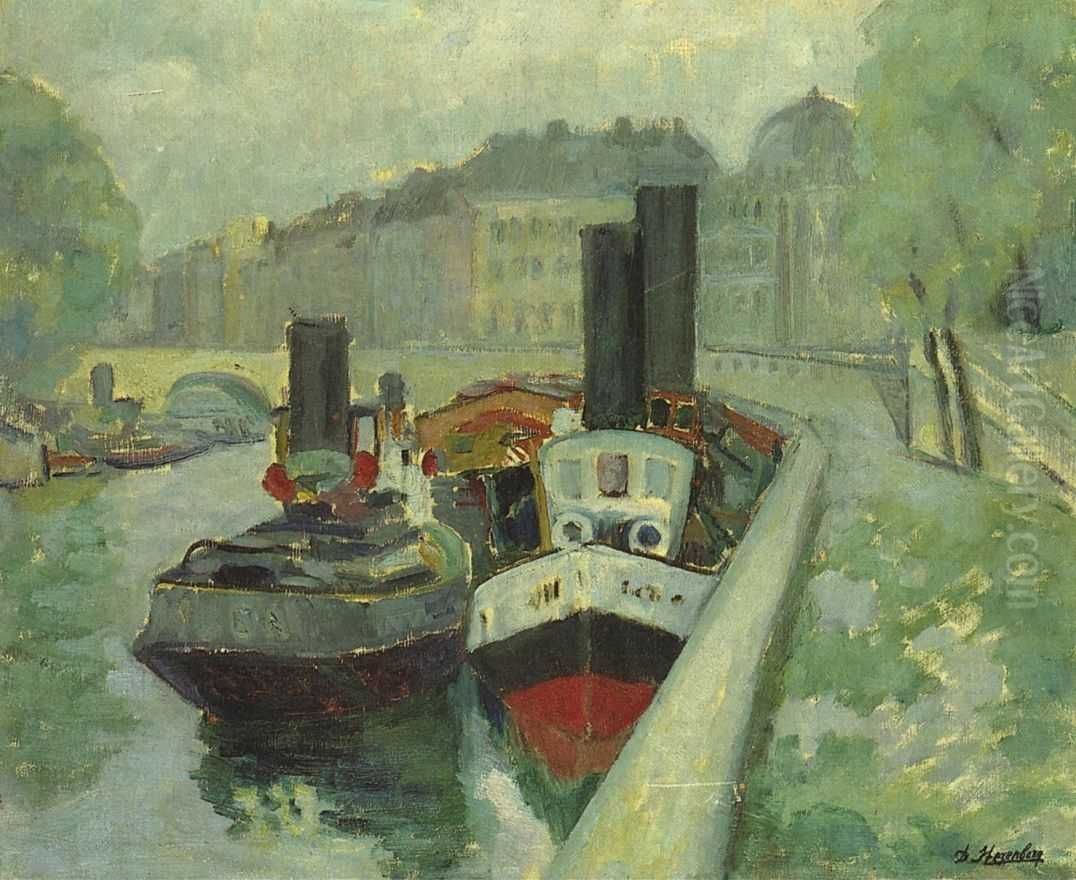 Boats on the Seine Oil Painting by David Petrovich Shterenberg