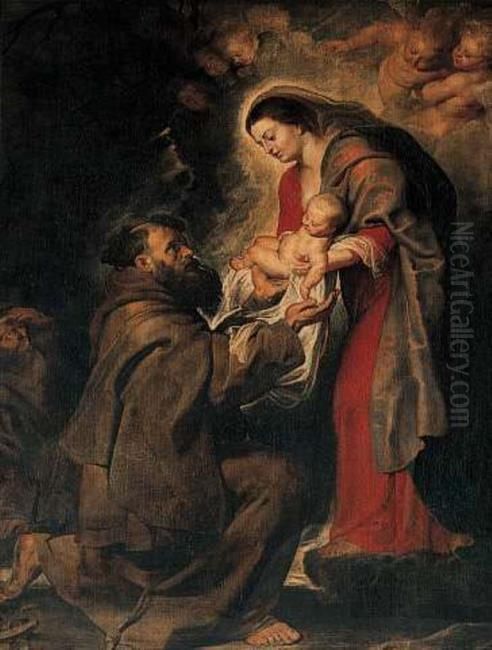 Saint Francis receiving the infant Christ Oil Painting by (studio of) Rubens, Peter Paul
