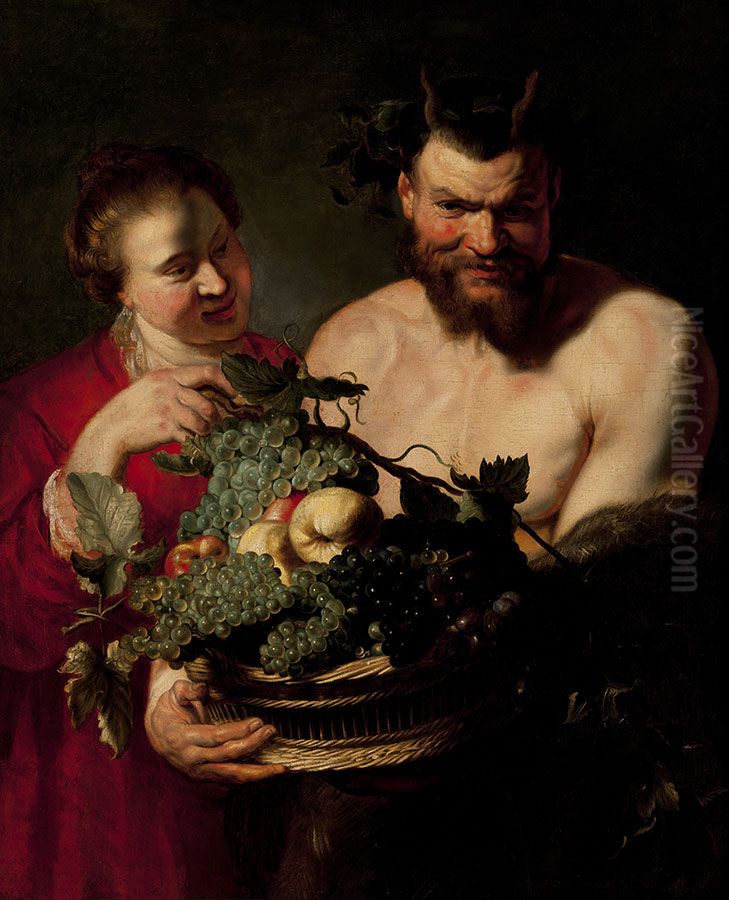 Sater met een mand met druiven met een dienstmaagd Oil Painting by (studio of) Rubens, Peter Paul