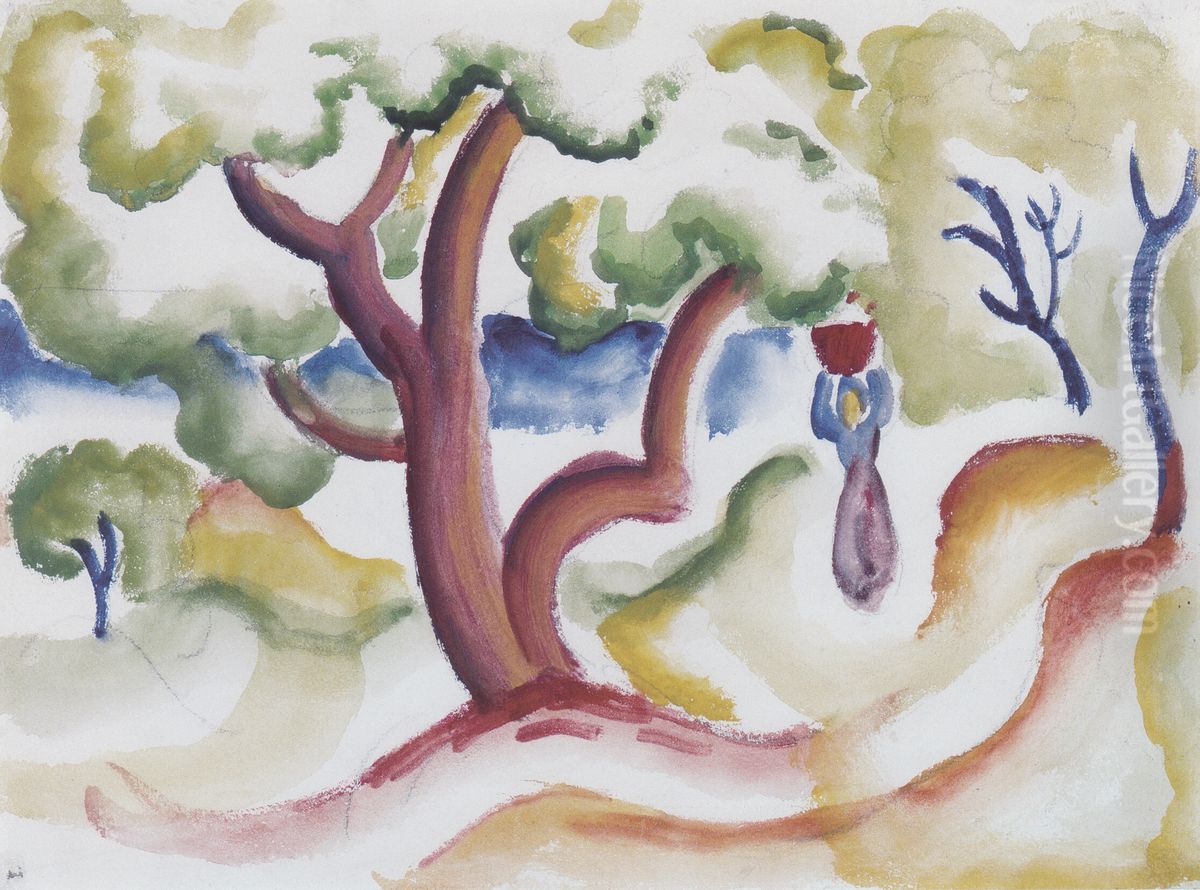 Frau mit Krug unter Baumen Oil Painting by August Macke