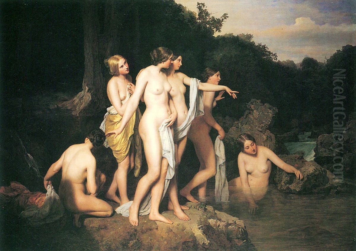 Women Bathing at the Brook Oil Painting by Ferdinand Georg Waldmuller