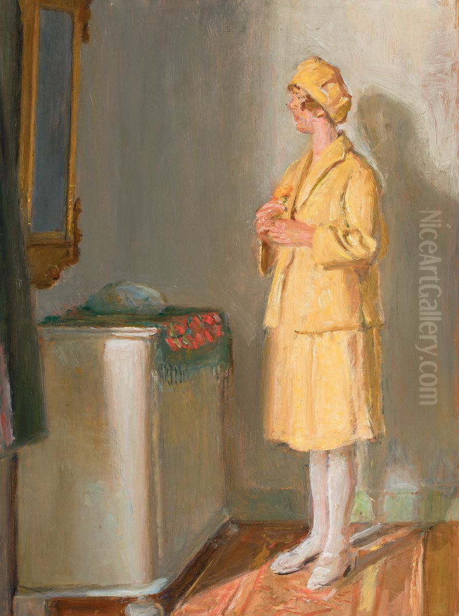 A young woman looking in the mirror. Oil Painting by Michael Peter Ancher