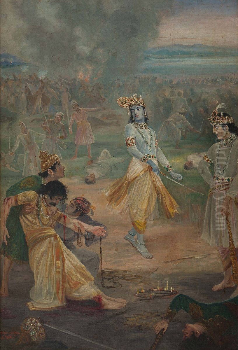 Yadavas killing themselves Oil Painting by M. V. Dhurandhar