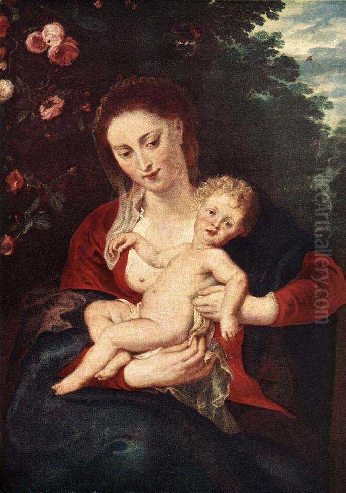 Madonna and Child with Periwinkle Oil Painting by (studio of) Rubens, Peter Paul
