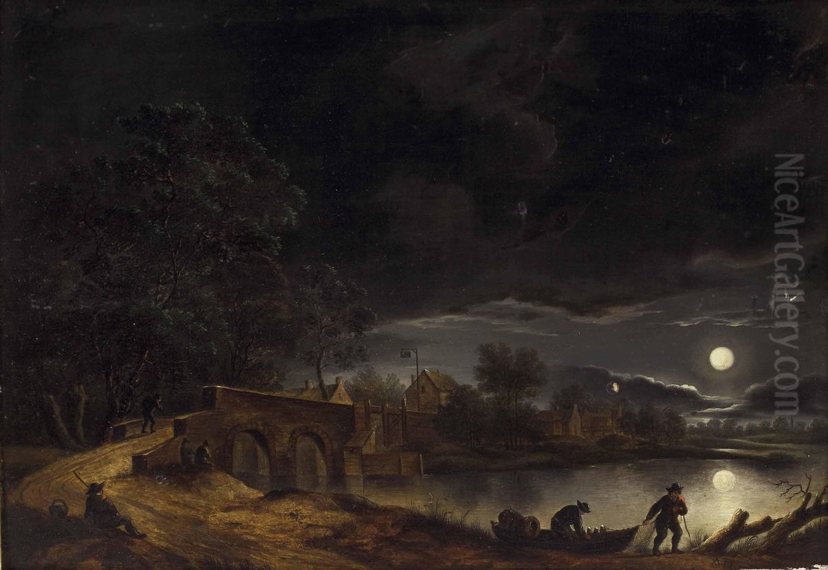 Vollmond uber Dorf am Fluss mit Brucke und Personenstaffage Oil Painting by Adolph Friedrich Vollmer