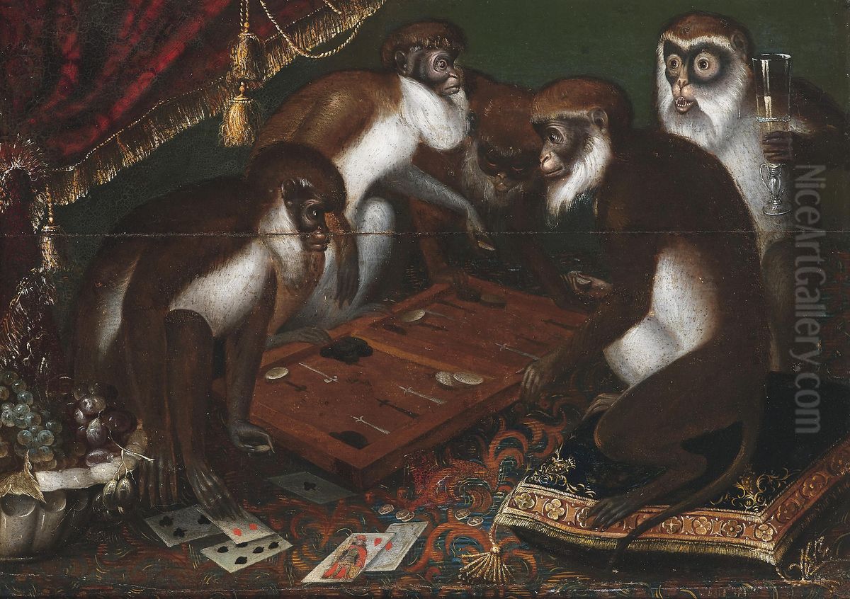 Backgammon-playing baboons Oil Painting by unknown