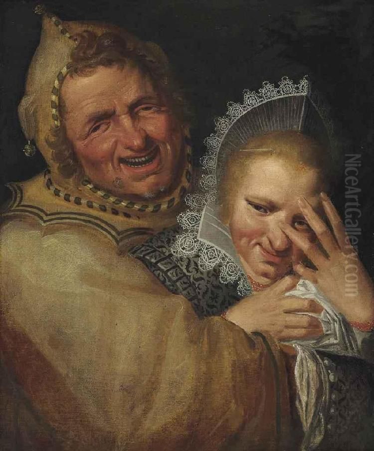 Jester embracing a young woman Oil Painting by Frans Hals