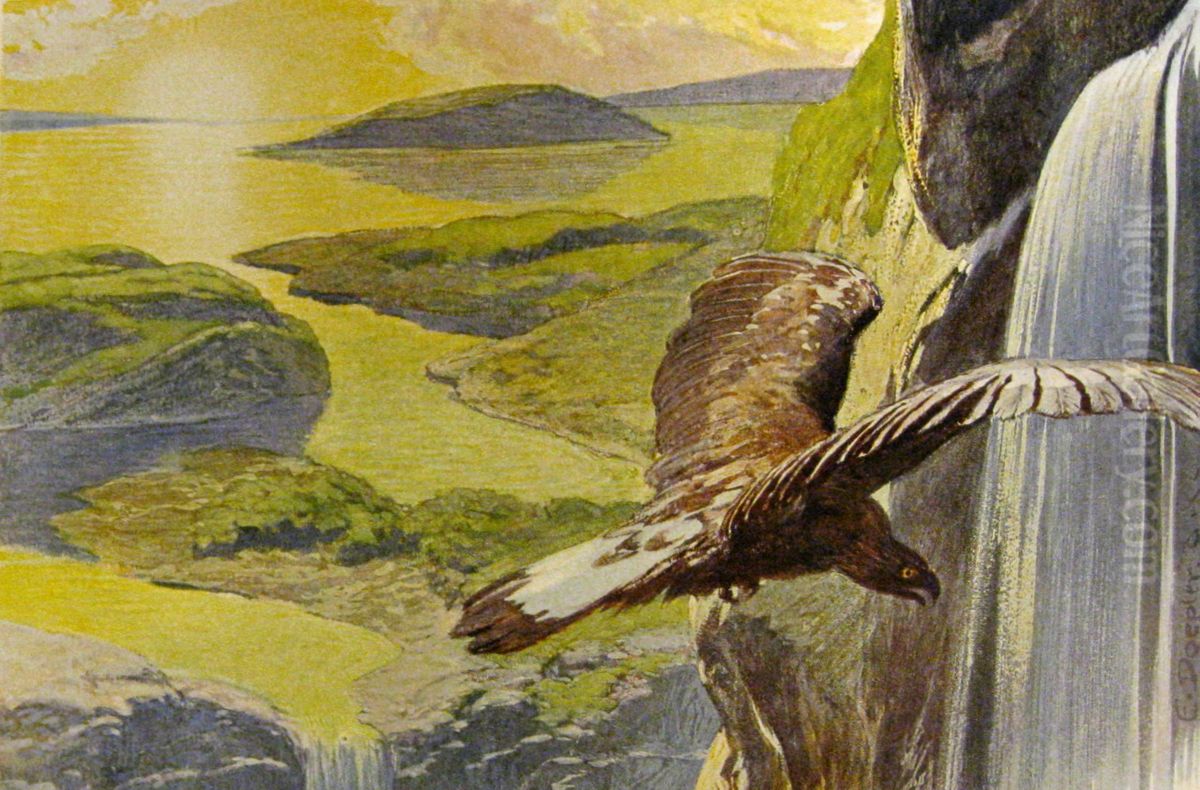 An eagle and a waterfall Oil Painting by Emil Doepler