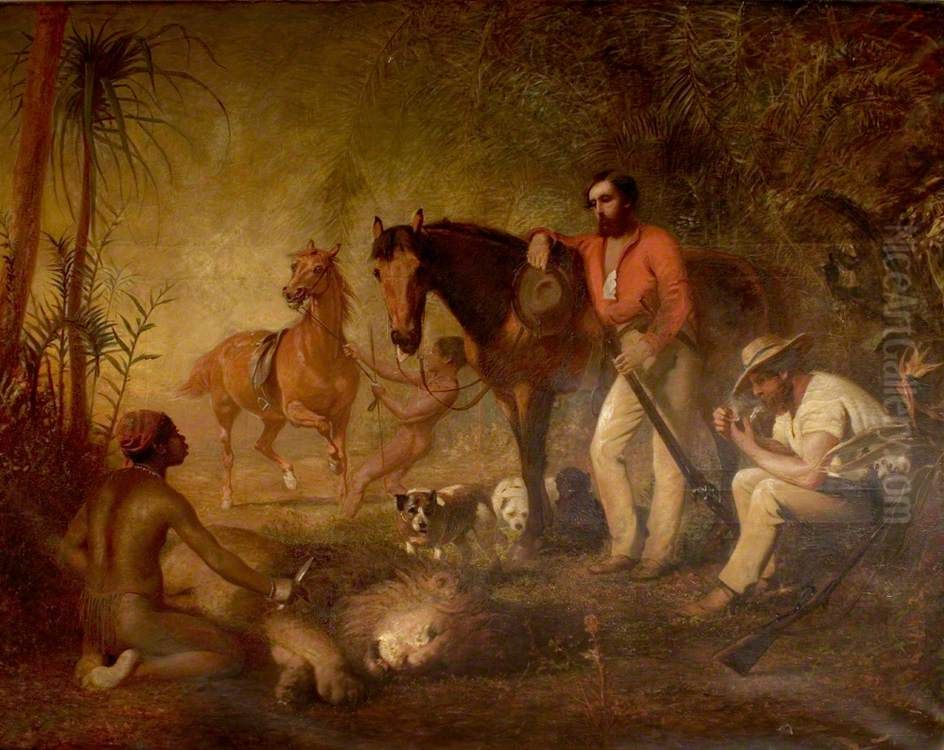 After the Lion Hunt Oil Painting by Alfred Hitchens Corbould