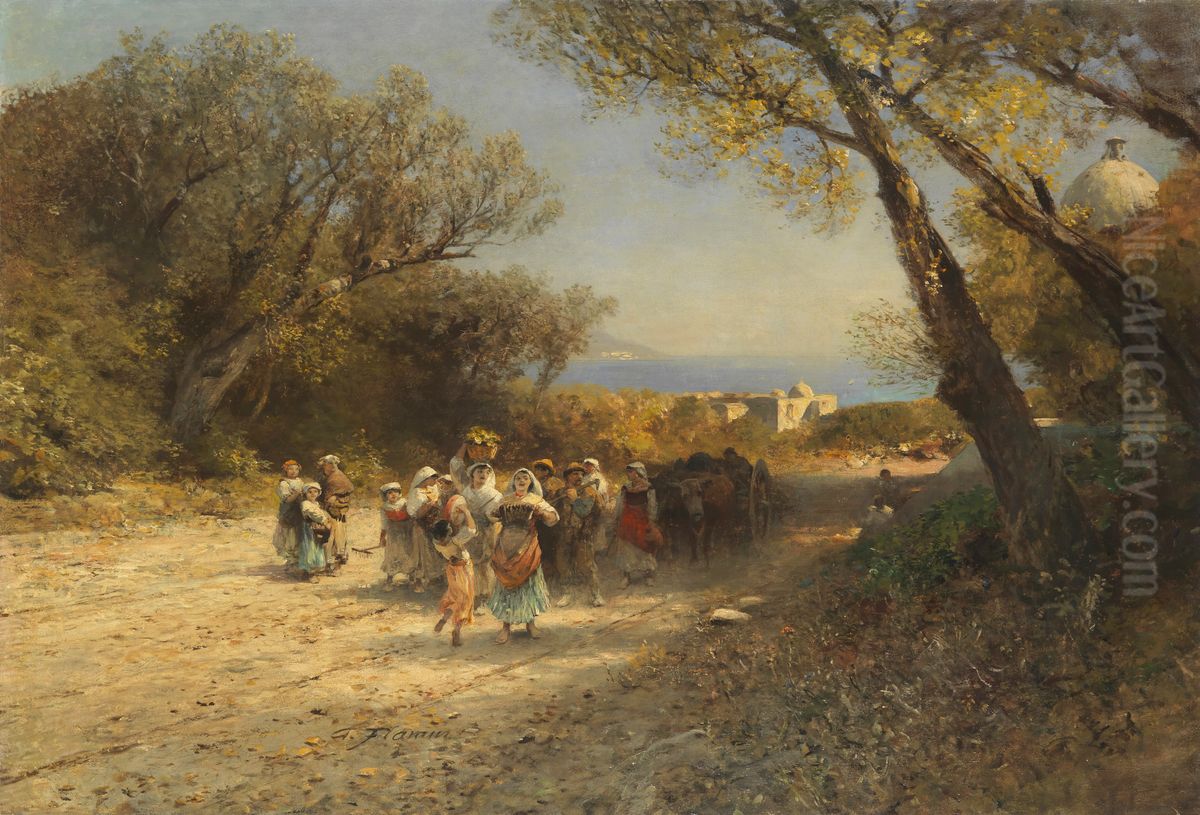 After the field work. Return from the harvest in Italy. Oil Painting by Albert Flamm