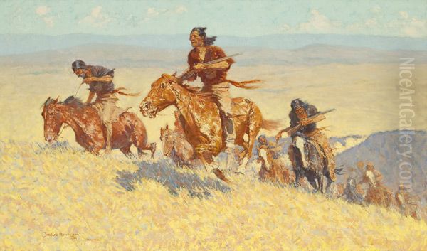 Buffalo Runners - Big Horn Basin Oil Painting by Frederic Remington