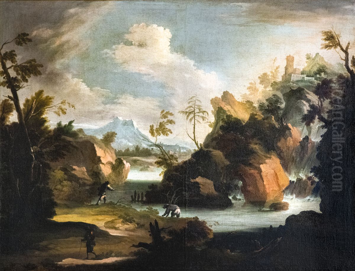 Landscape with waterfall Oil Painting by Jacob De Heusch