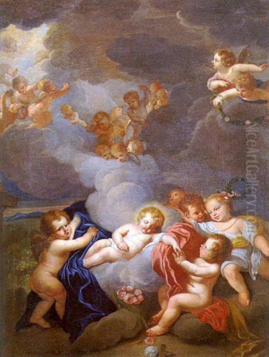The Christ Child sleeping among angels. Oil Painting by Szymon Czechowicz